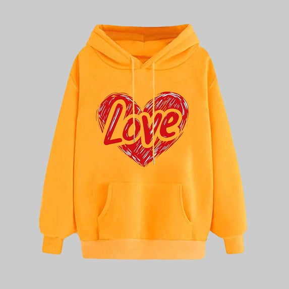 Jjayotai 50% Off Clear Cute Love Heart Print Valentines Day Hooded Sweatshirts for Women, Long Sleeve Casual Round Neck Pullover Tops Yellow XL