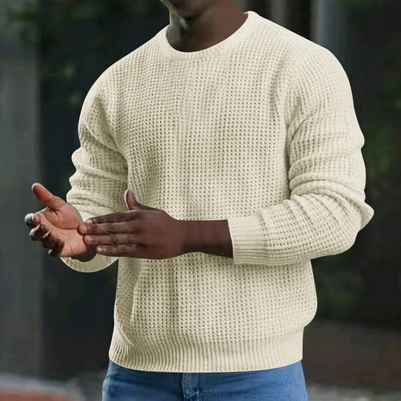Jjayotai 50% off Clearance! Men's Crewneck Pullover Sweater, Waffle Textured Knitted Sweaters, Casual Loose Fit Sweaters with Ribbing Edge Khaki XXL