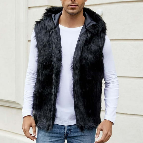 Jjayotai 50% off Clearance! Mens Warm Faux Cardigan Clearance, Furry Long Coat Jacket, Winter Solid V-neck Hooded Outerwear Tops Black XL
