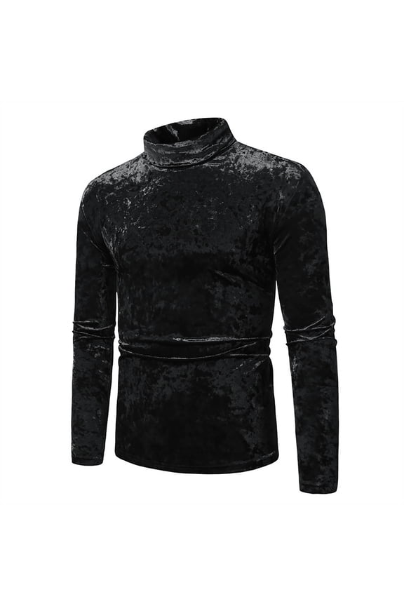 50% off Clearance! Velvet Turtleneck Sweater for Men, Long Sleeves Thermal Velour Top, Casual Solid Slim Fit Muscle Pullover Black L