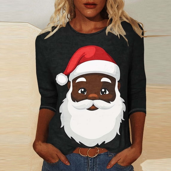 Jjayotai African American Christmas Santa Shirts, Women Black Santa Christmas Shirts, 3D Graphic Xmas Holiday Party Pullover Multicolor XL