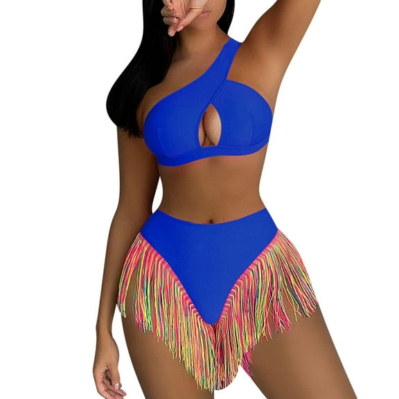 Jjayotai Bikini Sets for Women Clearance, One Shoulder Sleeveless Cutout Fringe Hem Push Up Swimsuit, Two Piece Bathing Suits Blue M