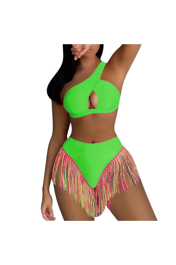 Bikini Sets for Women Clearance, One Shoulder Sleeveless Cutout Fringe Hem Push Up Swimsuit, Two Piece Bathing Suits Green M