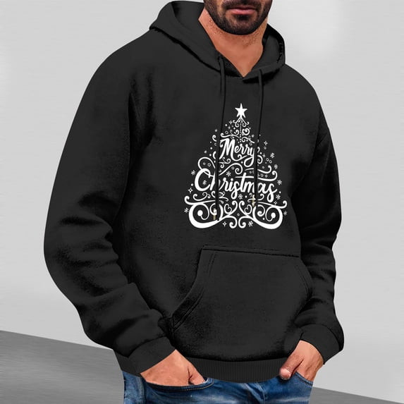 Jjayotai Clearance Mens Christmas Graphic Print Hoodies, Oversized Sweatshirts Pullover 2024, Long Sleeve Trendy Athletic Top Black M