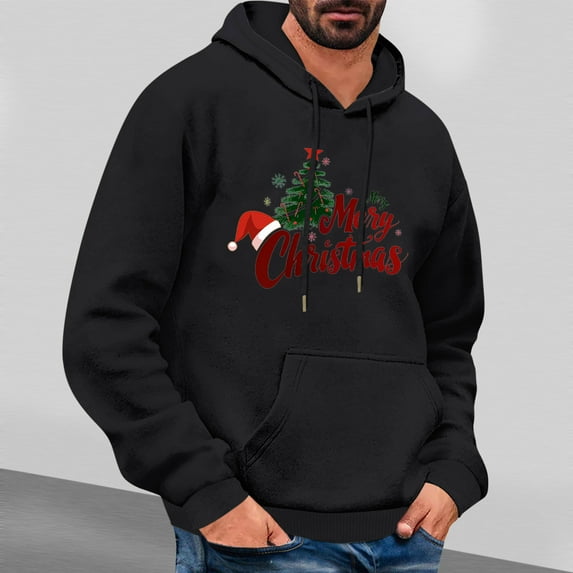 Jjayotai Merry Christmas Hoodie for Men, Funny Cute Xmas Tree Print Sweatshirts, Long Sleeve Xmas Hooded Sweatshirt Pullover Tops Black XXL