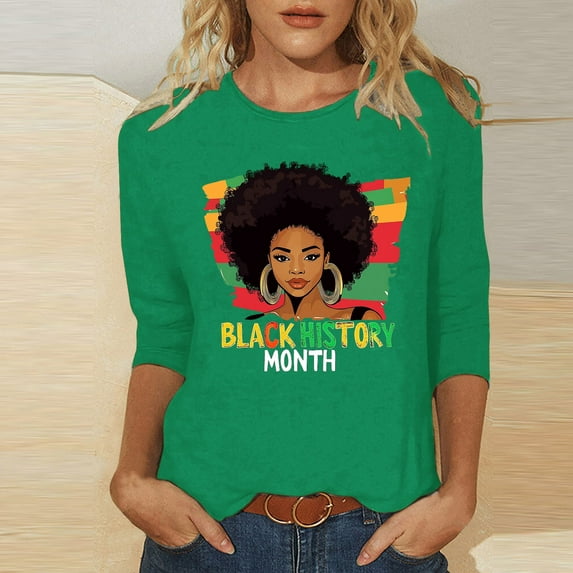 Jjayotai Black History 3/4 Sleeve Shirts for Women, Casual Crew Neck Shirt, Slim Fit T-Shirts, 2025 Fashion Summer Shirt Green M