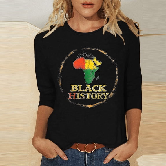 Jjayotai Black History Month 3/4 Sleeve T-Shirts for Women, Retro Round Neck Blouses, Casual Sport Workout Tops, Loose Fit Comfy Tunics Black L