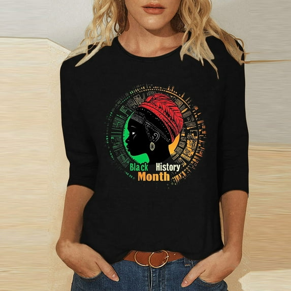 Jjayotai Black History Month 3/4 Sleeve T-Shirts for Women, Retro Round Neck Blouses, Casual Sport Workout Tops, Loose Fit Comfy Tunics Black M