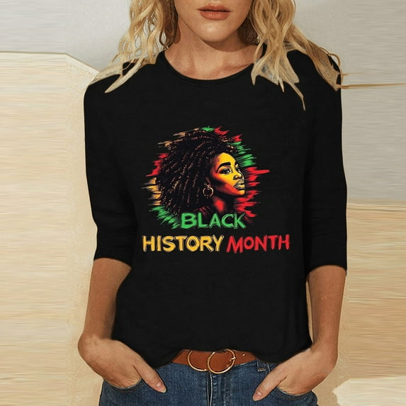 Jjayotai Black History Month 3/4 Sleeve T-Shirts for Women, Retro Round Neck Blouses, Casual Sport Workout Tops, Loose Fit Comfy Tunics Black XXL