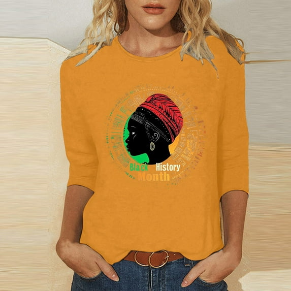 Jjayotai Black History Month 3/4 Sleeve T-Shirts for Women, Retro Round Neck Blouses, Casual Sport Workout Tops, Loose Fit Comfy Tunics Orange S