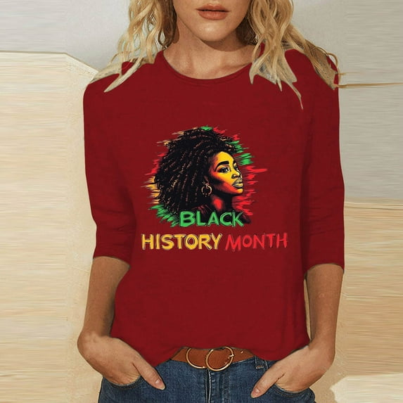 Jjayotai Black History Month 3/4 Sleeve T-Shirts for Women, Retro Round Neck Blouses, Casual Sport Workout Tops, Loose Fit Comfy Tunics Red XXXL