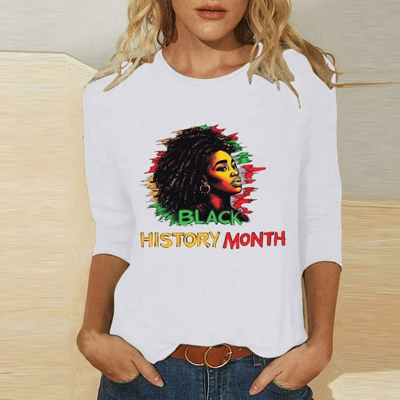 Jjayotai Black History Month 3/4 Sleeve T-Shirts for Women, Retro Round Neck Blouses, Casual Sport Workout Tops, Loose Fit Comfy Tunics White M