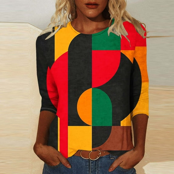 Jjayotai Black Women Tops, Casual 2025 3/4 Sleeve T Shirt, Black History Month Loose Crew Neck Blouses, Suit for Parade Multicolor M