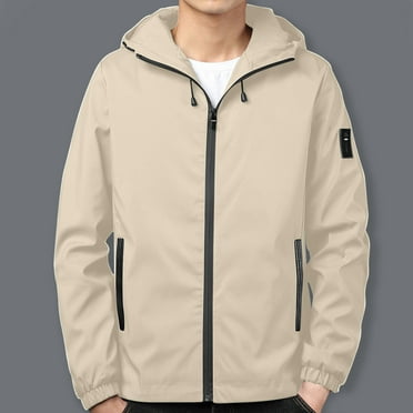 Jjayotai Mens Rain Jacket Clearance, Lightweight Hooded Windbreaker Waterproof Outdoor Sports Hiking Zip Up Raincoat Beige L