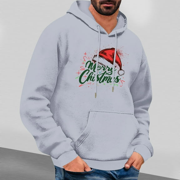 Jjayotai Ugly Christmas Hoodies for Men, Funny Letter Print Long Sleeve Drawstring Hooded Pullover Sweatshirts Gray XL