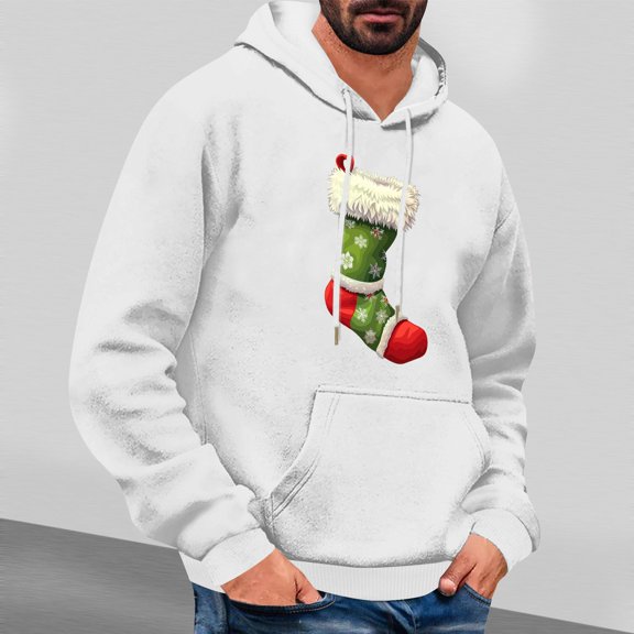 Jjayotai Fashion Christmas Hoodies for Men, Funny Xmas Sock Print Long Sleeve Drawstring Hooded Pullover Sweatshirts White S