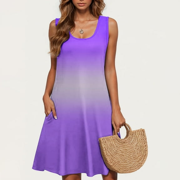 Jjayotai No Boundaries Summer Dresses, Color Block Gradient Sleeveless Round Neck Dress with Pockets, Cute Trendy Casual Sundress, Basic Clothing, Sun Dresses for Women 2025 Vacation Purple~ S