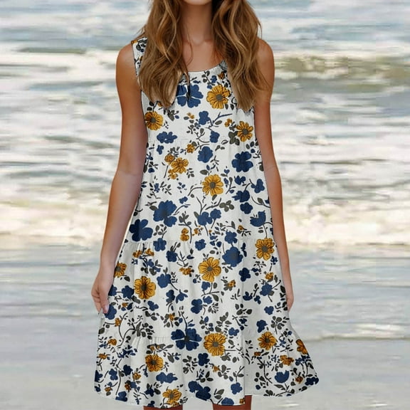 Jjayotai No Boundaries Summer Dresses for Women 2025 Vacation, Womens Dresses, Floral Tshirt Dress,Casual Sleeveless Beach Flowy Tank Sundresses with Pockets Navy~ XXL