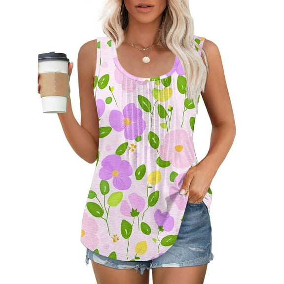 Jjayotai No Boundaries Tank Tops, Women Sleeveless Tank Tops , Casual Loose Fit Flowy Pleated Floral Cami Shirts Blouse, Cute Workout Tank Tops Woman Multicolor~7 L