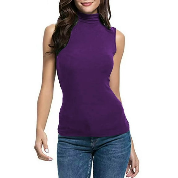 Jjayotai No Boundaries Tank Tops, Women's Sleeveless Slim Fit Turtleneck Tank Tops, Mock Soft T-Shirt, Basic Stretchy Pullover, High Neck Tank Tops for Women Purple~ M