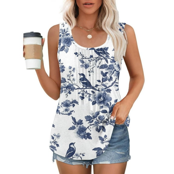 Jjayotai No Boundaries Tank Tops, Women's Summer Loose Tank, Sleeveless Flower Print Pattern Crew Neck Tunic Blouse, Camisole Top, Womens Tank Tops Multicolor~9 S
