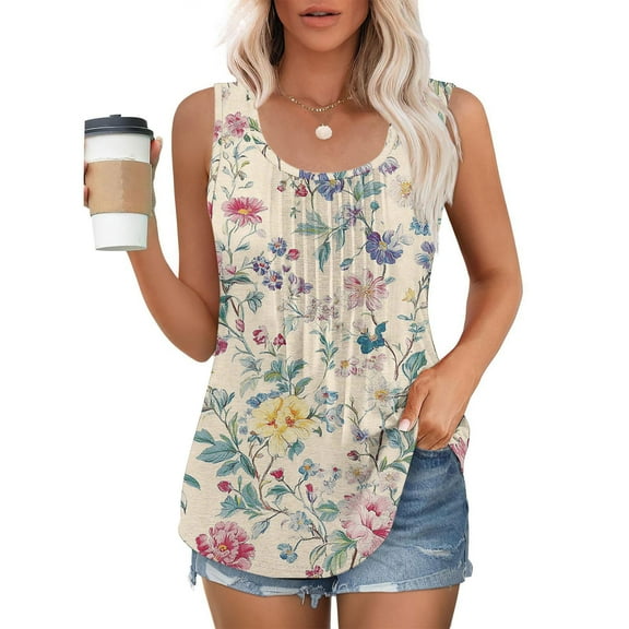 Jjayotai No Boundaries Tank Tops, Women's Tank Tops, Floral Printed Sleeveless Tunic, Pleated Crew Neck Blouses, Summer Dressy Casual Loose Top,Womens Workout Tank Tops Multicolor~3 S