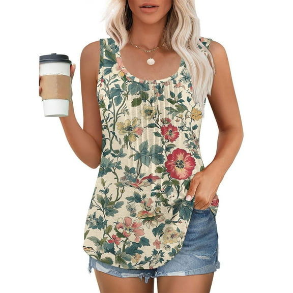 Jjayotai No Boundaries Tank Tops, Womens Summer Tank Tops, Pleated Round Neck Sleeveless Shirts for Women, Floral Printed Casual Flowy Blouse, Women's Tank Tops Multicolor~ L