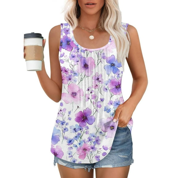Jjayotai No Boundaries Tank Tops, Womens Tank Tops, Sleeveless Crew Neck Pleated Summer Blouses, Floral Printed Shirt, Loose Casual T Shirts, Cute Tank Tops for Women Multicolor~2 L