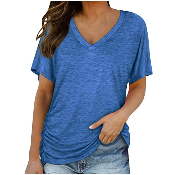 Jjayotai No Boundaries Tops, Womens Short Sleeve V Neck Dolman Tops, Casual Loose Fit Shirts, Soft Basic Tees, Women's Summer T-Shirts Tunic with Side Shirring Blue~ XXL