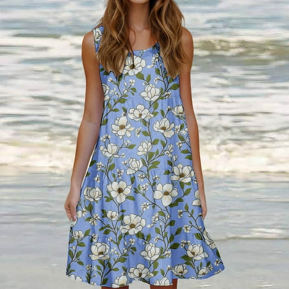 Jjayotai No Boundaries Women Summer Dresses, Floral Sleeveless Casual Swing T Shirt Dresses, Beach Cover up Loose Dress with Pockets, Boho Dresses for Women 2025 Light Blue~ L