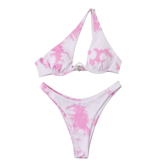 Jjayotai No Boundaries Women's Cut Out One Shoulder Printed Bikini Set, 2 Piece Swimsuits for Women, Womens Bathing Suits, High Waisted Thong Bikini Pink~ S