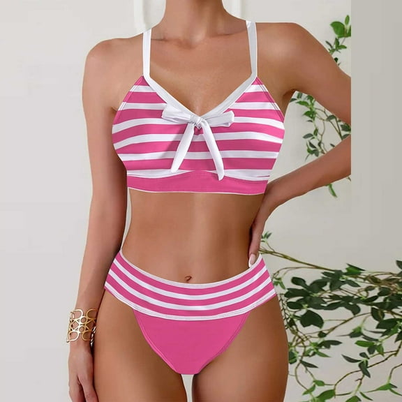 Jjayotai No Boundaries Women's High Waisted Bikini Set, Vintage Tummy Control Two Piece Bathing Suits, Womens Swimsuits 2025, V Neck Color Block Stripe Swimwear for Women Hot Pink~ L