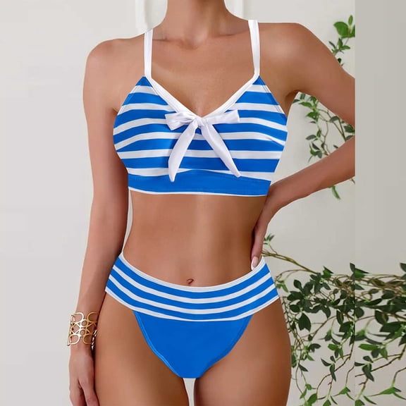 Jjayotai No Boundaries Women's High Waisted Bikini Set, Vintage Tummy Control Two Piece Bathing Suits, Womens Swimsuits 2025, V Neck Color Block Stripe Swimwear for Women Blue~ XXXL