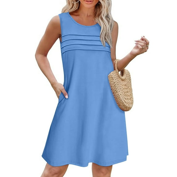 Jjayotai No Boundaries Women's Pleated Front Crewneck Dresses, 2025 Sleeveless Dress with Pockets, Slim Fit Knee-Length Knit Casual Swing T Shirt Dresses, Beach Cover up Loose Dress Sky Blue~ M