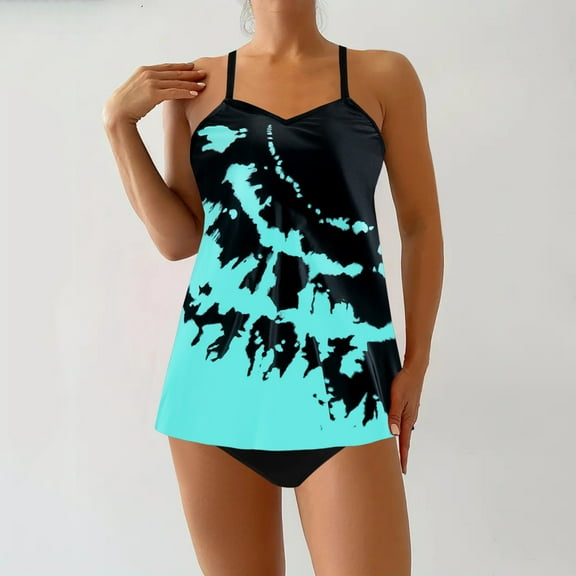 Jjayotai No Boundaries Women's Plus Size Swimsuits, Floral Printed Strappy Tankini Top with Briefs, Two Piece Swimsuit for Women, Womens Tankini Bathing Suits Blue~1 XXL