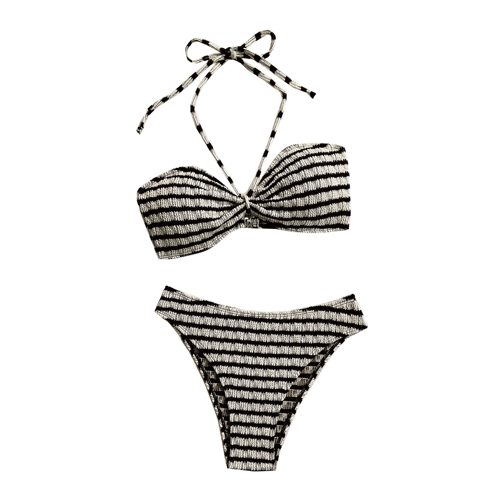 Women's High Waisted Bikini Set – Striped Halter Top & Colorblock Bottoms, Triangle Tie Back, Summer Swimsuit