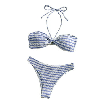 Jjayotai No Boundaries Women's Striped Halter Bathing Suit, Colorblock High Waisted Swimsuit, Bikini Sets for Women, Womens Two Piece Swimsuits Blue~ M