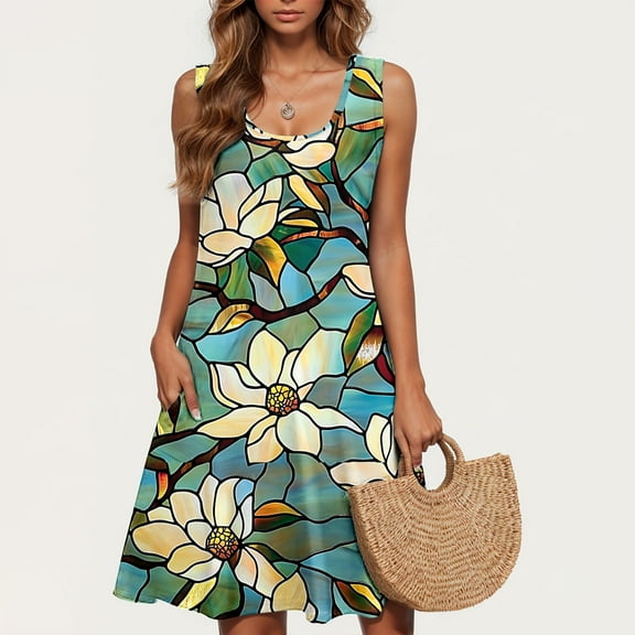 Jjayotai No Boundaries Women's Summer Dress 2025, Sleeveless Floral Boho Sundress, Casual Loose Beach Vacation Tank Dresses, Mini Dresses for Women Mint Green~ M