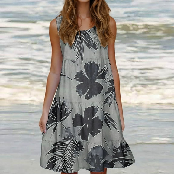 Jjayotai No Boundaries Women's Summer Dresses, Boho Dresses for Women 2025, Beach Sundresses, Floral Sleeveless Tank Dress, Hawaiian Tropical Casual Sun Dresses with Pocket Gray~ S