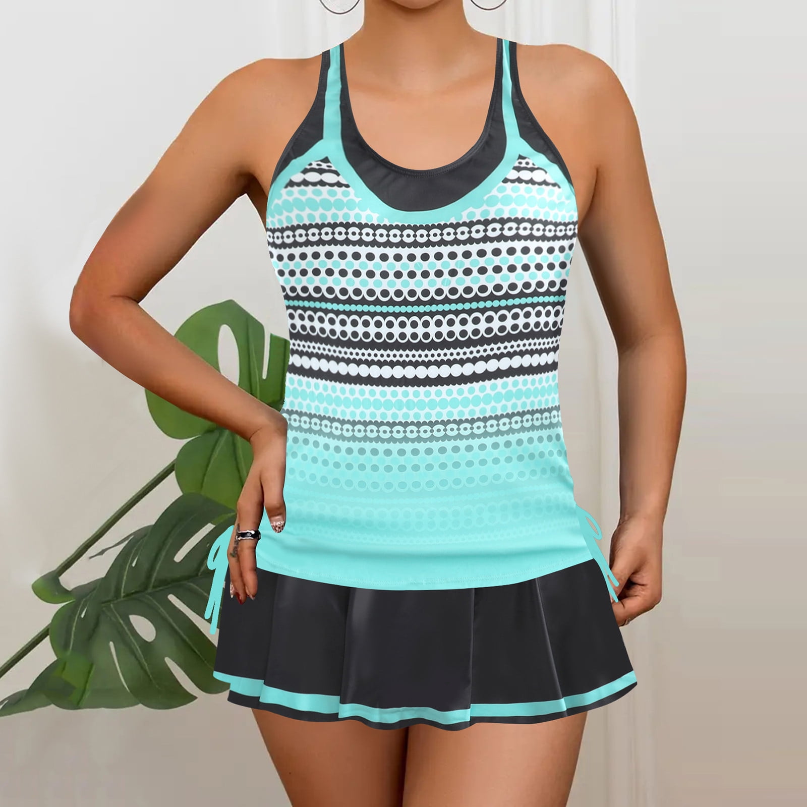 AONTUS Plus Size One Piece Swimsuit – Tummy Control Swim Dress With Skirt, Green-Powder Stripes - View #8
