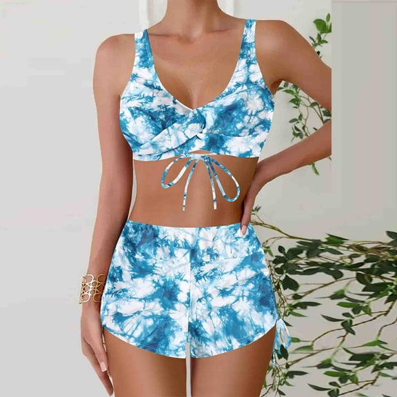 Jjayotai No Boundaries Women's Tie Dye Ruched Bikini Sets, Cross Front V Neck Swimwear, Women Bathing Suits 2 Piece, High Waist Swimsuit with Shorts Blue~ XXL