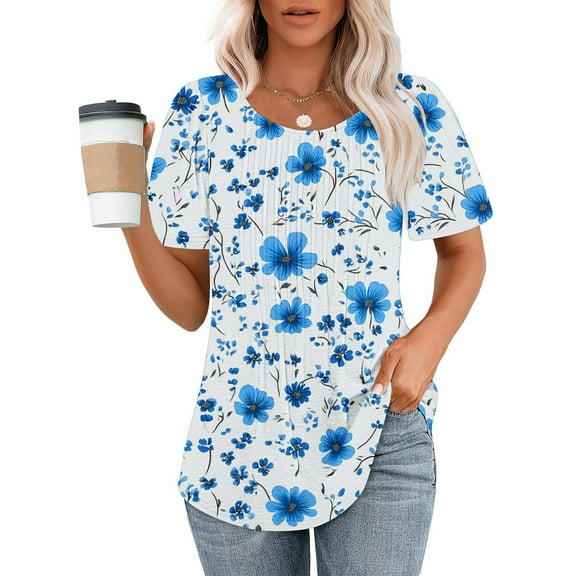 Jjayotai No Boundaries Womens Crew Neck Short Sleeve Pleated Tops, Womens Blouses Dressy Casual, Fashion Clothes 2025, Floral Shirts for Women Multicolor^3 XXL