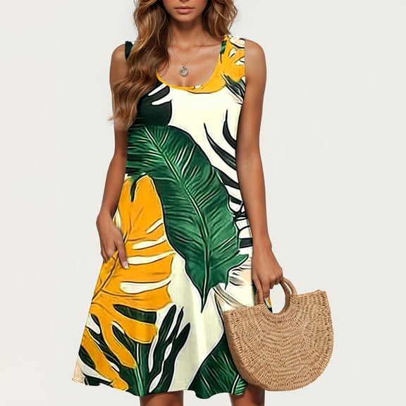 Jjayotai No Boundaries Womens Summer Dresses 2025, Beach Casual Sleeveless Floral Print Tank Sundress with Pocket, Loose Boho Dress for Women Green~ XXL