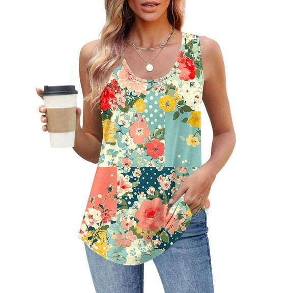 Jjayotai No Boundaris Summer Sleeveless Scoop Neck Tops, Loose Fit Flowy Floral Tunic Tank Tops for Women, Oversized Tshirts for Women, Womens Hawaiian Shirts Multicolor^6 XXL