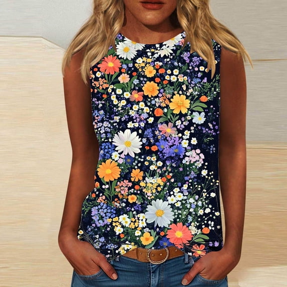 Jjayotai No Boundaris Women's Tank Tops, Crew Neck Sleeveless Tops, Floral Solid Summer Shirts, Casual Loose Flowy Tunic Blouses, Tank Top for Women S