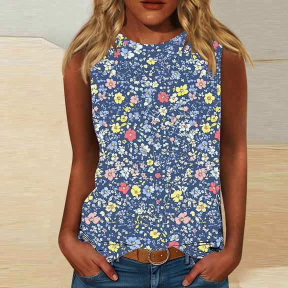 Jjayotai No Boundaris Womens 2025 Trendy Summer Tank Tops, Casual Round Neck Sleeveless Shirts, Floral Work Blouse for Women Dressy, Workout Tank Tops Woman L