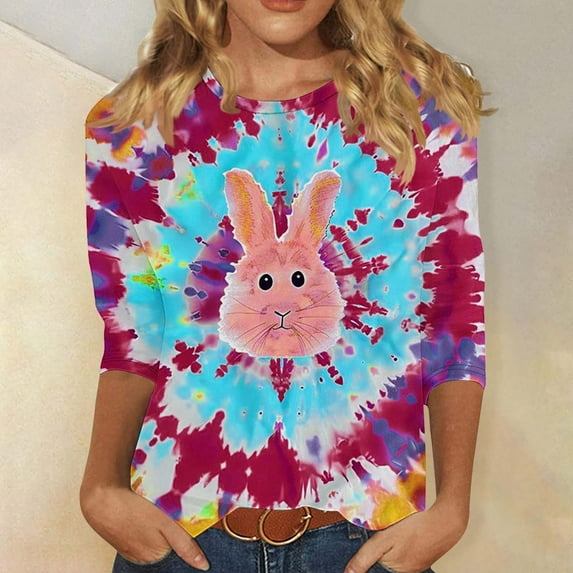 Jjayotai Bunny Shirts for Women Clearance, 3/4 Sleeve Crewneck Cute Easter Graphic T Shirt, Casual Spring Tops Comfortable Tee Wine XL