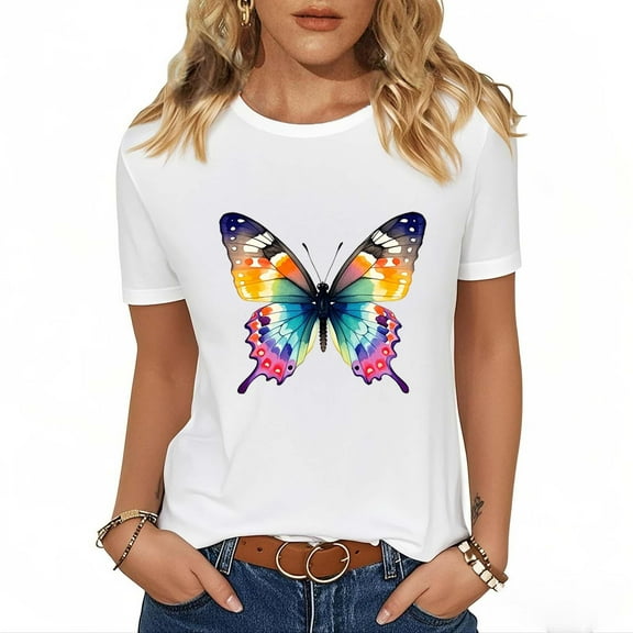 Jjayotai Butterfly T-Shirts for Women, Butterflys Flowers Print Shirts, Insect Lover Casual Short Sleeved Tops, White T Shirt, Women's Blouse White^8 XL