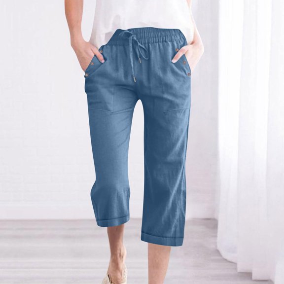 Jjayotai Capri Pants for Women, Women's Solid Color Drawstring And Linen Casual Loose Casual Button Decoration Pocket Wide Leg Straight Roll-up Trousers Hem Cropped Trousers, Trousers for Women