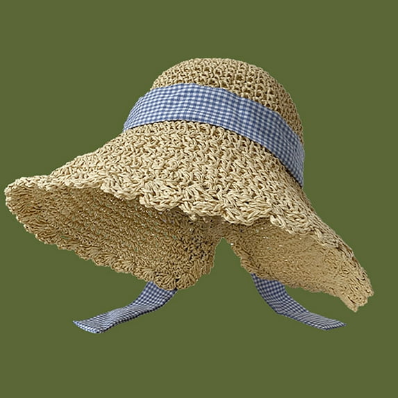 Jjayotai Caps Ladies, Hard Top Hat Plaid Strap Sun Hats, Summer Beach Sun Straw Hat for Women, Travel Beach Cap, UV Protection Fedora, Suit for Vacation Going Out Brown Free Size